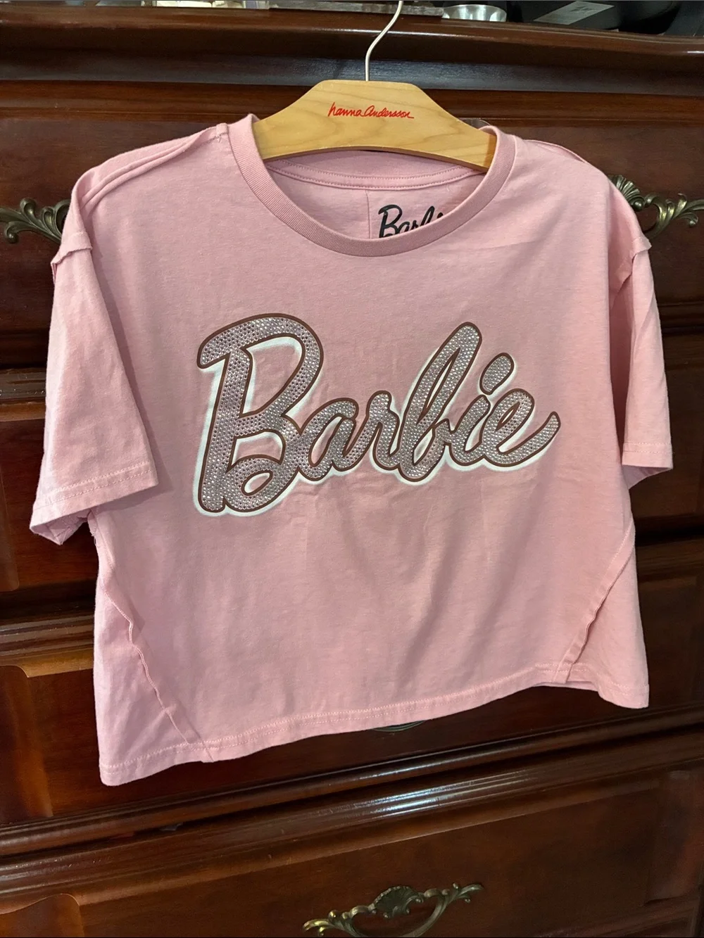 Barbie Pink Rhinestone Script Crop Tee - Picture 2 of 4